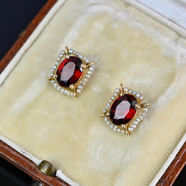 Vintage 14K Gold Seed Pearl Halo Garnet Stud Earrings