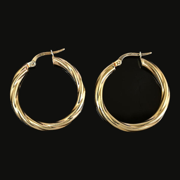 Vintage English 9K Gold Twisted Hoop Earrings