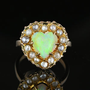 Antique Victorian Gold Pearl Halo Opal Heart Ring - Boylerpf