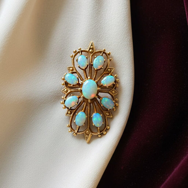 Vintage Opal Pendant Brooch 14K Gold Edwardian Style