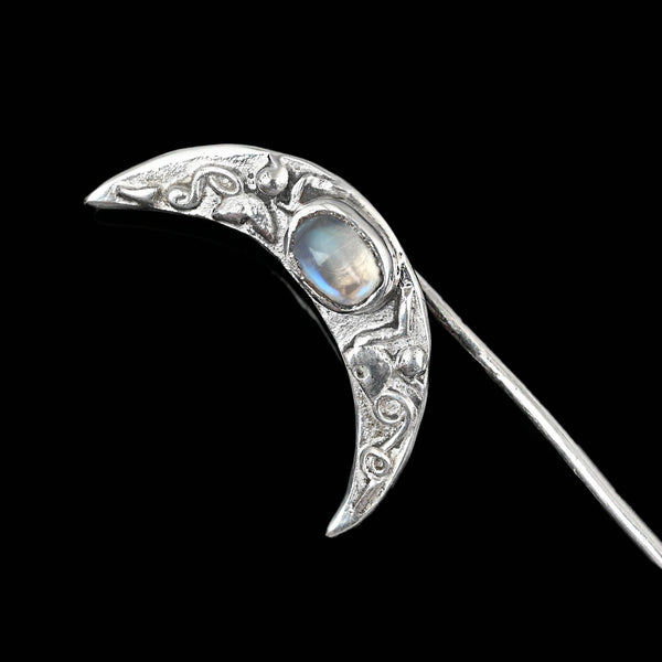 Vintage Silver Moonstone Crescent Moon Stick Pin Brooch - Boylerpf
