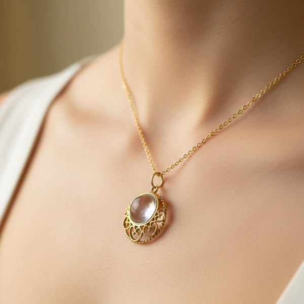 Art Deco 9K Gold Filigree Rock Crystal Pools of Light Pendant - Boylerpf