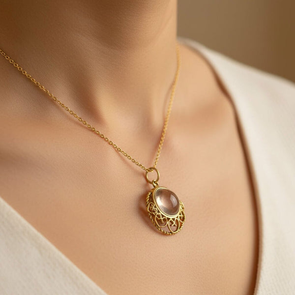 Art Deco 9K Gold Filigree Rock Crystal Pools of Light Pendant - Boylerpf