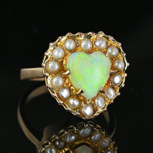 Antique Victorian Gold Pearl Halo Opal Heart Ring - Boylerpf
