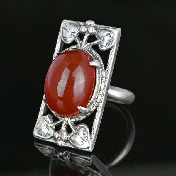 Berry and Leaf Arts & Crafts Silver Cabochon Carnelian Ring