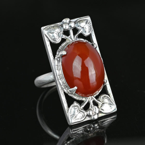 Berry and Leaf Arts & Crafts Silver Cabochon Carnelian Ring