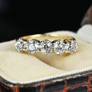 Antique 14K Gold Five Stone 1.1 Carat Mine Cut Diamond Ring Band - Boylerpf