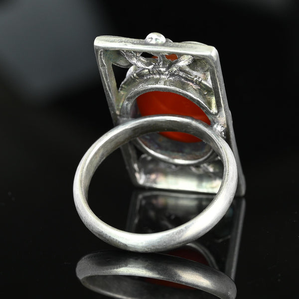 Berry and Leaf Arts & Crafts Silver Cabochon Carnelian Ring