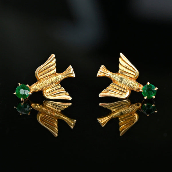 Vintage 1920s Swallow Earrings, 10K Gold Emerald Studs - Boylerpf
