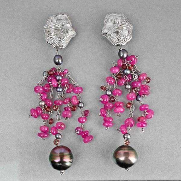 18K White Gold Ruby Tahitian Pearl Chandelier Earrings