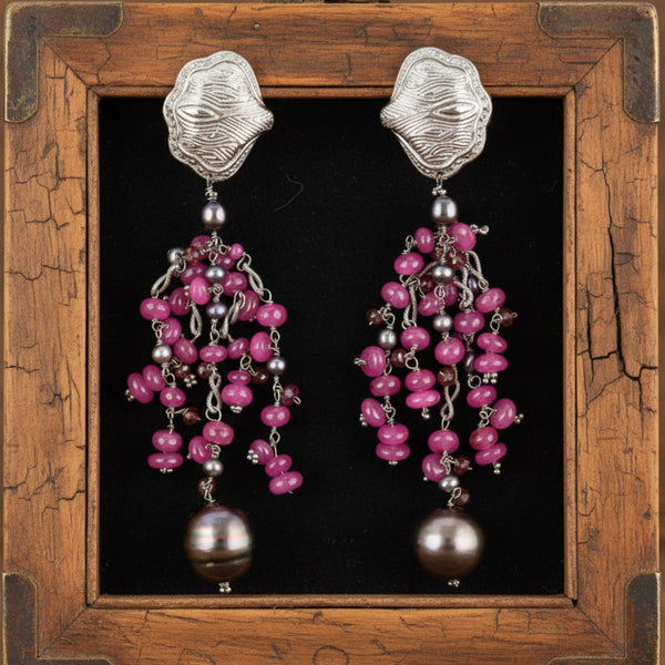 18K White Gold Ruby Tahitian Pearl Chandelier Earrings
