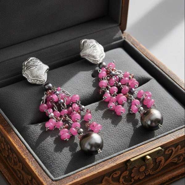 18K White Gold Ruby Tahitian Pearl Chandelier Earrings