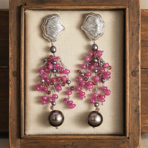 18K White Gold Ruby Tahitian Pearl Chandelier Earrings