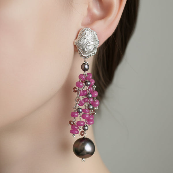18K White Gold Ruby Tahitian Pearl Chandelier Earrings