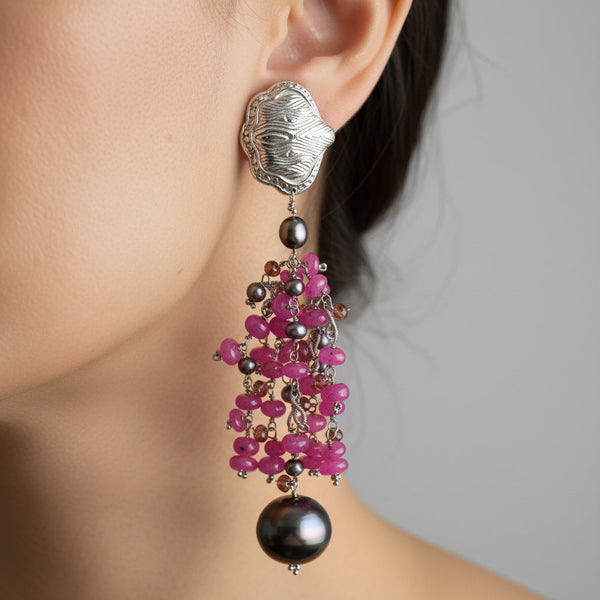 18K White Gold Ruby Tahitian Pearl Chandelier Earrings