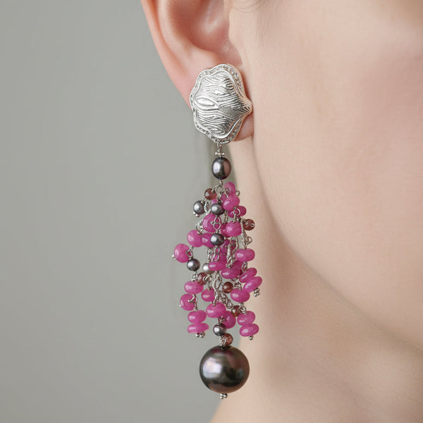 18K White Gold Ruby Tahitian Pearl Chandelier Earrings