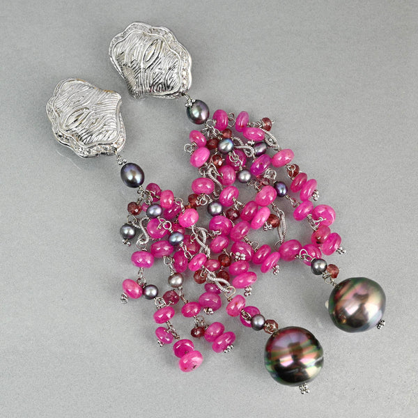 18K White Gold Ruby Tahitian Pearl Chandelier Earrings