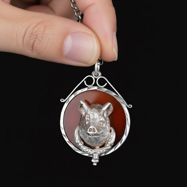 Antique Sterling Silver Pig Pendant | Carnelian Banded Agate