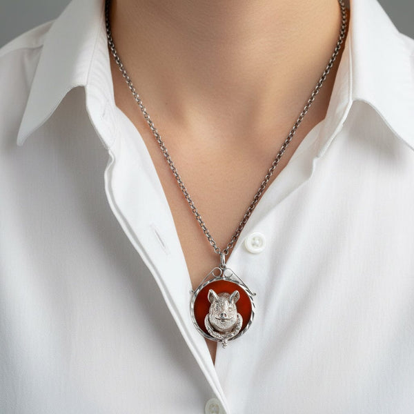 Antique Sterling Silver Pig Pendant | Carnelian Banded Agate