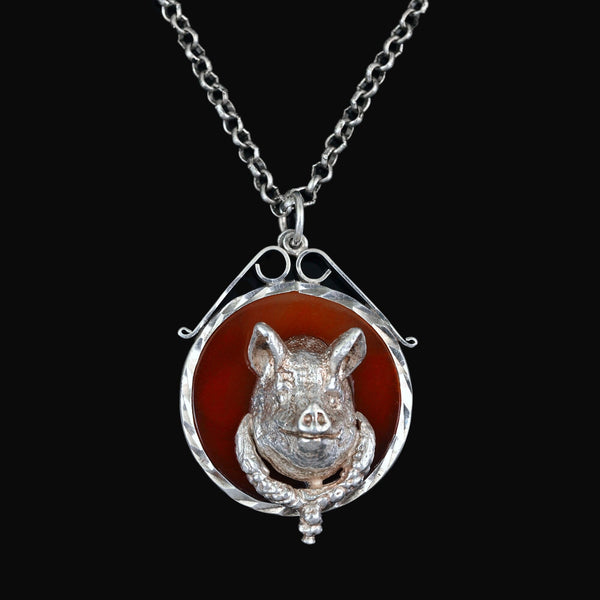 Antique Sterling Silver Pig Pendant | Carnelian Banded Agate
