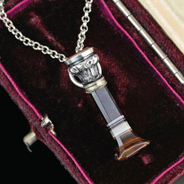 Antique Silver Carnelian Wax Seal Banded Agate Pendant
