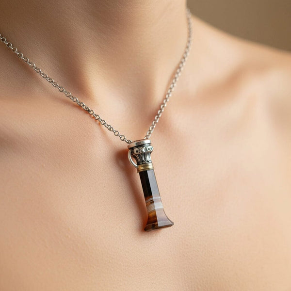 Antique Silver Carnelian Wax Seal Banded Agate Pendant