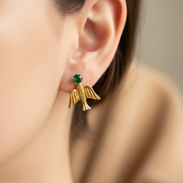 Vintage 1920s Swallow Earrings, 10K Gold Emerald Studs - Boylerpf