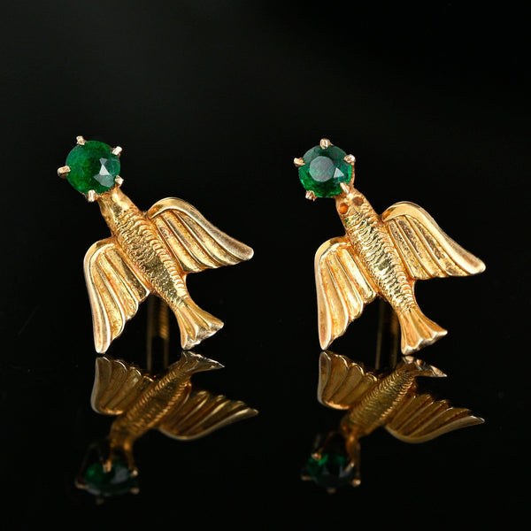 Vintage 1920s Swallow Earrings, 10K Gold Emerald Studs - Boylerpf
