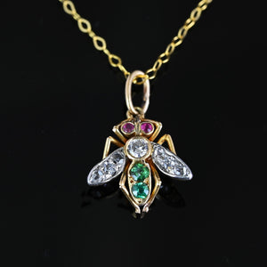 Antique 14K Gold Ruby Emerald Diamond Fly Pendant Necklace - Boylerpf