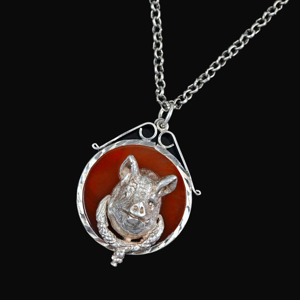 Antique Sterling Silver Pig Pendant | Carnelian Banded Agate