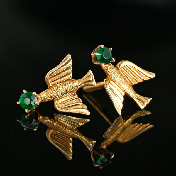 Vintage 1920s Swallow Earrings, 10K Gold Emerald Studs - Boylerpf