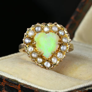 Antique Victorian Gold Pearl Halo Opal Heart Ring - Boylerpf