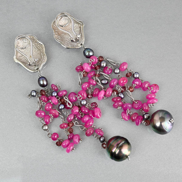 18K White Gold Ruby Tahitian Pearl Chandelier Earrings