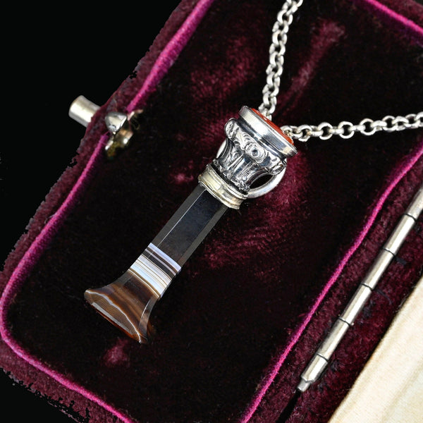 Antique Silver Carnelian Wax Seal Banded Agate Pendant