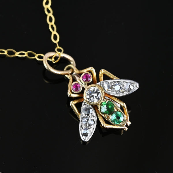 Antique 14K Gold Ruby Emerald Diamond Fly Pendant Necklace - Boylerpf