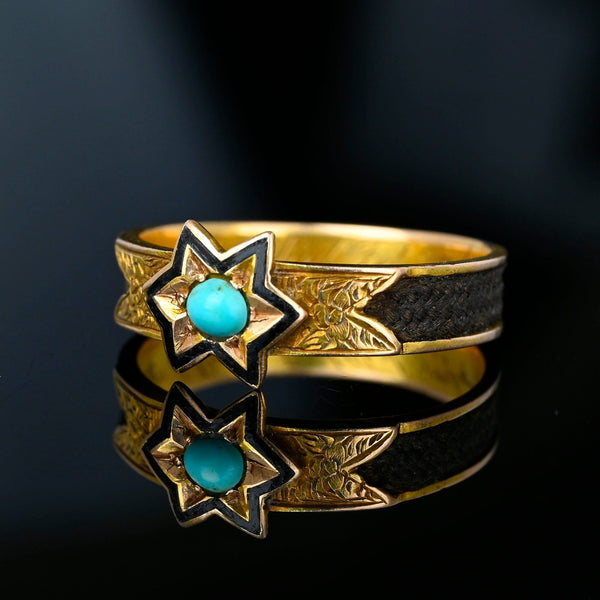 Antique Victorian 14K Gold Turquoise Star Ring Band, Mourning Jewelry - Boylerpf