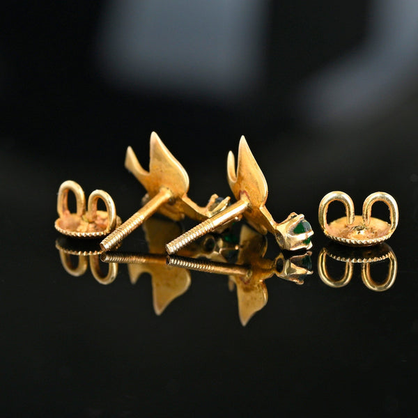 Vintage 1920s Swallow Earrings, 10K Gold Emerald Studs - Boylerpf