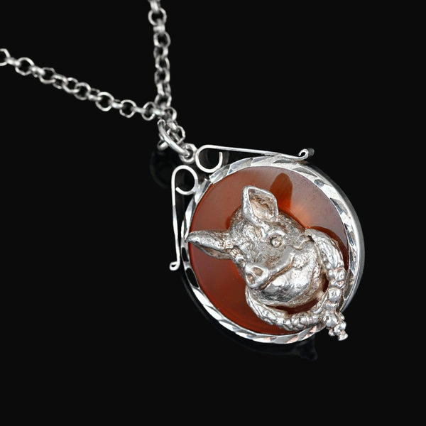 Antique Sterling Silver Pig Pendant | Carnelian Banded Agate