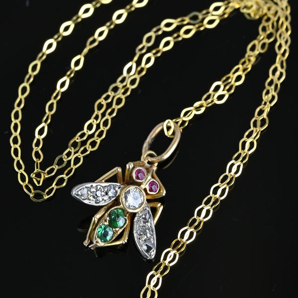 Antique 14K Gold Ruby Emerald Diamond Fly Pendant Necklace - Boylerpf