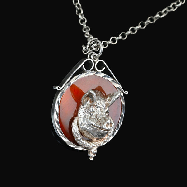 Antique Sterling Silver Pig Pendant | Carnelian Banded Agate