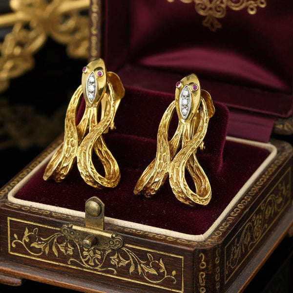 Vintage 18K Gold Snake Earrings, Diamonds Ruby Eyes - Boylerpf