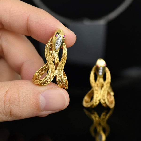 Vintage 18K Gold Snake Earrings, Diamonds Ruby Eyes - Boylerpf
