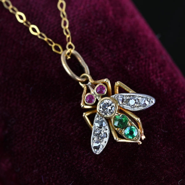 Antique 14K Gold Ruby Emerald Diamond Fly Pendant Necklace - Boylerpf