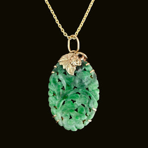 Vintage Gold Grape Leaf Carved & Pierced Jadeite Pendant - Boylerpf