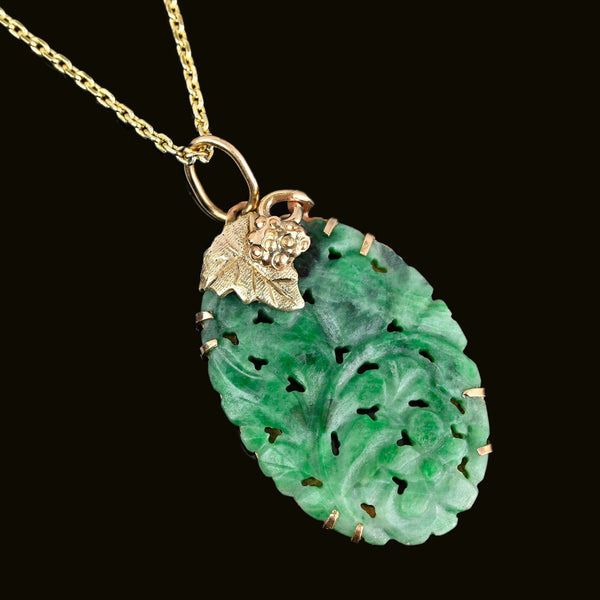 Vintage Gold Grape Leaf Carved & Pierced Jadeite Pendant - Boylerpf