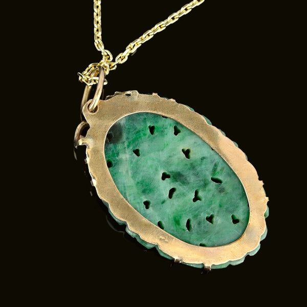 Vintage Gold Grape Leaf Carved & Pierced Jadeite Pendant - Boylerpf
