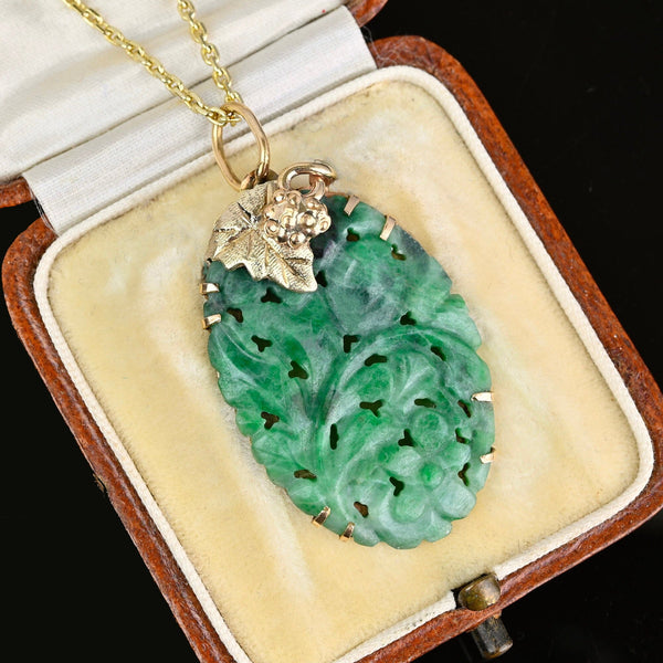 Vintage Gold Grape Leaf Carved & Pierced Jadeite Pendant - Boylerpf