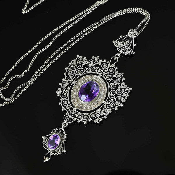 Antique Victorian Silver Filigree Amethyst Necklace - Boylerpf