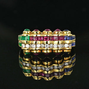 18K Gold Emerald Ruby Sapphire Diamond Tutti Frutti Ring Band - Boylerpf