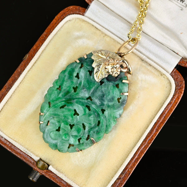Vintage Gold Grape Leaf Carved & Pierced Jadeite Pendant - Boylerpf
